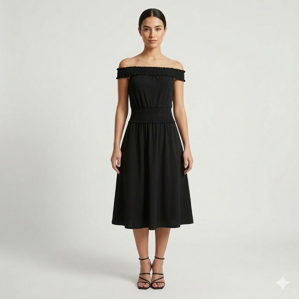 Allen Schwartz Midi Dress Womens Large Black Off Shoulder Full Smocked Stretch